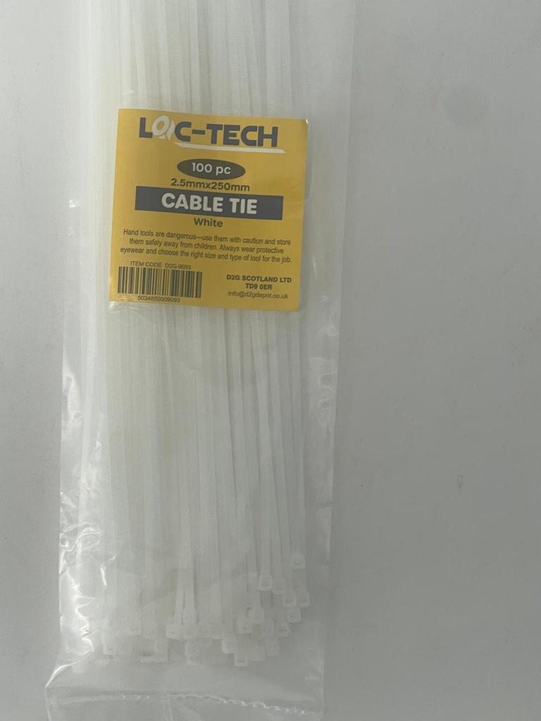 Loc-Tech 100Pc 2.5*250Mm Cable Tie White