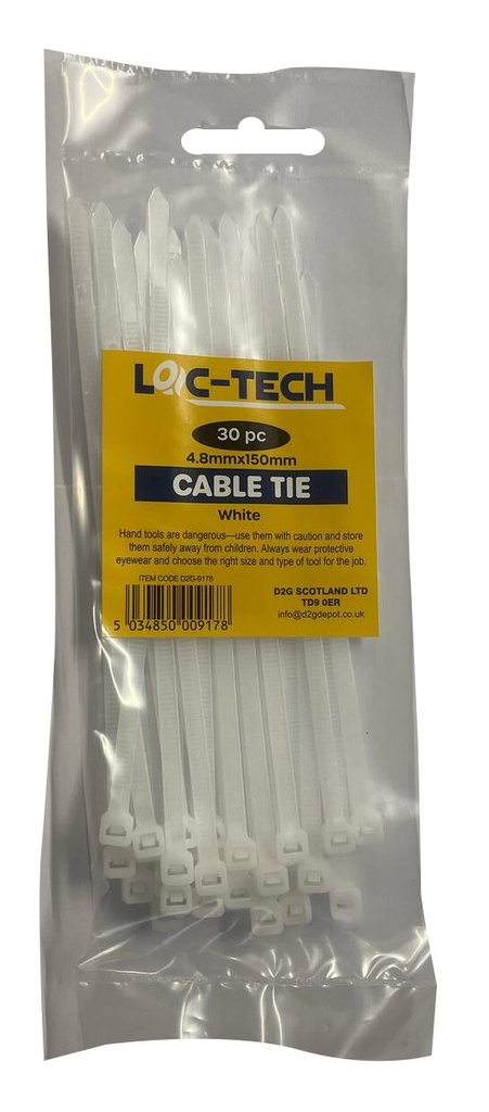 Loc-Tech 30Pc 4.8*150Mm Cable Tie White